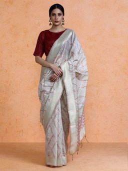 Sarha - Woven Design Muga Cotton Grey Geometric Saree with Unstitched Blouse