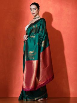 Sarha - Woven Design Katan Silk Saree Weave Dark Green Saree with Unstitched Blouse