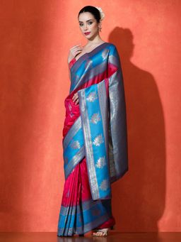 Sarha - Woven Design Katan Silk Saree In Floral Weave Blue Saree with Unstitched Blouse