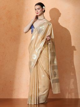 Sarha - Woven Design Banarasi Silk Saree Weave Beige Saree with Unstitched Blouse