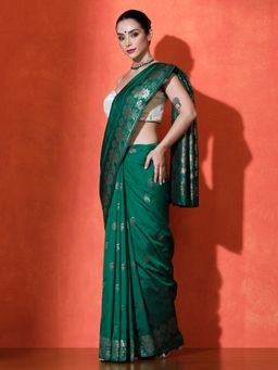 Sarha - Woven Design Katan Silk Saree In Floral Weave Dark Green Saree with Unstitched Blouse