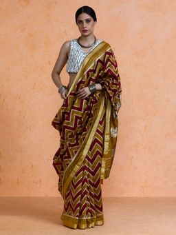 Sarha - Woven Design Lehriya Cotton Maroon Saree with Unstitched Blouse