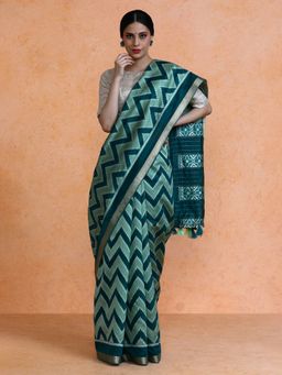 Sarha - Woven Design Lehriya Cotton Green Saree with Unstitched Blouse