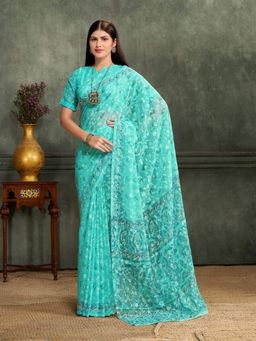 Garden VARELI - Women Green Polyester Floral Saree with Unstitched Blouse