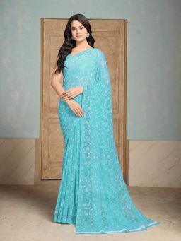 Garden VARELI - Women Teal Jacquard Floral Saree Without Blouse