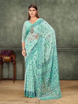 Garden VARELI - Women Green Polyester Floral Saree with Unstitched Blouse