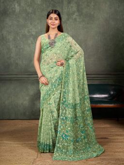 Garden VARELI - Women Green Polyester Floral Saree with Unstitched Blouse