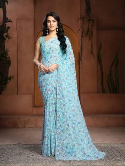 Garden VARELI - Women Turquoise Polyester Floral Saree Without Blouse