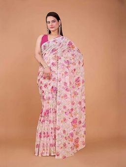 Garden VARELI - Women Pink Polyester Floral Saree Without Blouse