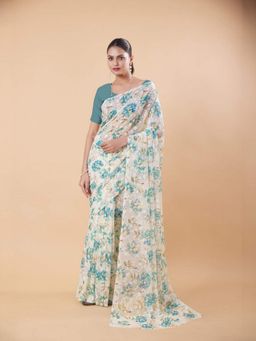 Garden VARELI - Women White Polyester Floral Saree Without Blouse