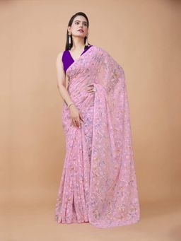 Garden VARELI - Women Pink Jacquard Floral Saree Without Blouse