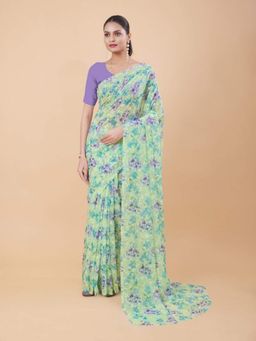 Garden VARELI - Women Green Polyester Floral Saree Without Blouse