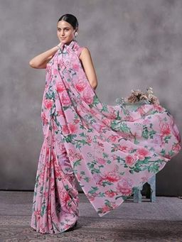 Garden VARELI - Women Pink Georgette Floral Saree Without Blouse