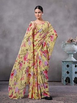 Garden VARELI - Women Yellow Georgette Floral Saree Without Blouse