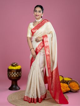Ushvii - Beige and Red Silk Woven Saree with Unstitched Blouse