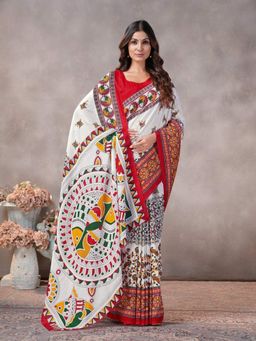 Garden VARELI - Women White Silk Printed Saree with Unstitched Blouse