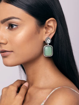 Indya - Green Petal Kundan Square Stone Drop Earrings