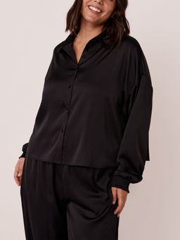 La Vie En Rose - Black Satin Long Sleeve Button-down Shirt