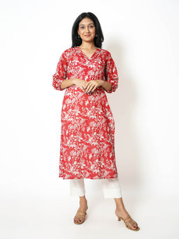 Kameez - Red Floral Print Cotton Kurta (Set of 2)