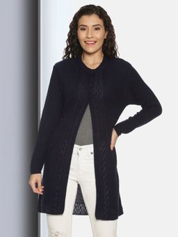 CLAPTON - Womens Wool Blend Navy Full Sleeve Solid Self Design Round Neck Cardigan