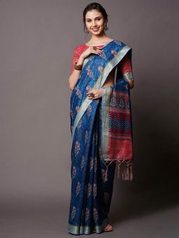 Odette - Navy Blue Festive Linen Blend Printed Saree with Unstitched Blouse