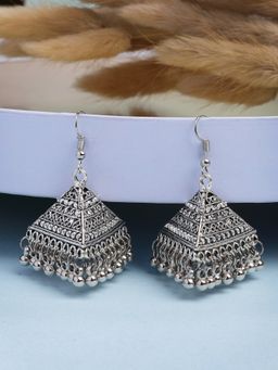 NVR - Triangular Shaped Hook Silver Plating Oxidized Jhumka Earrings