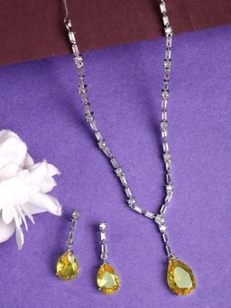 NVR - Silver-Plated Yellow American Diamond-Studded Handcrafted Jewellery Set