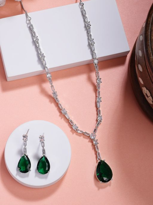 NVR Silver-Plated Dark Green American Diamond-Studded Handcrafted Jewellery Set