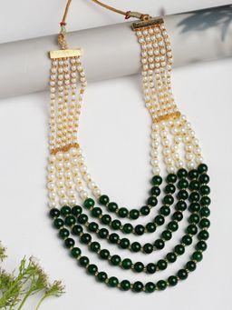 NVR - Handcrafted Green and White Beaded Layered Necklace