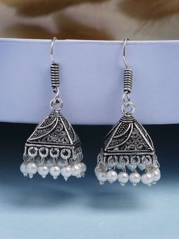 NVR - Oxidized Silver Plated White Artificial Beads Jhumka Earrings