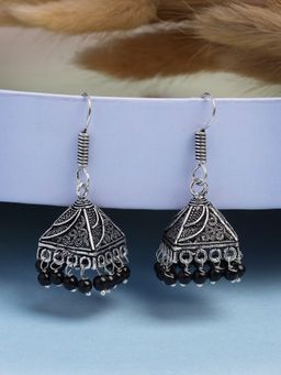 NVR - Oxidized Silver Plated Black Artificial Beads Jhumka Earrings
