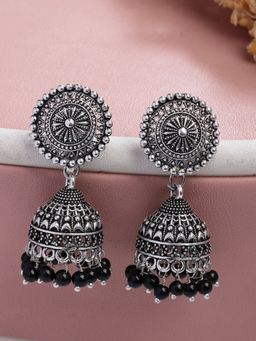 NVR - Oxidized Silver Plated Black Artificial Beads Jhumka Earrings