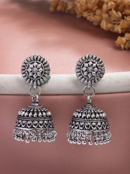 NVR - Silver Plated Traditional Oxidized Jhumka Earrings