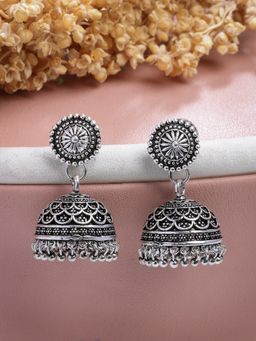 NVR - Silver Plated Round Shape Oxidized Traditional Jhumka Earrings