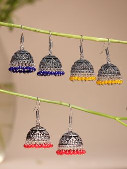 NVR - Oxidized Silver Plated Multicolor Artificial Beads Jhumka Earrings (Set of 3)