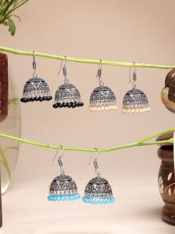 NVR - Multicolor Artificial Beads Oxidized Silver Plated Jhumka Earrings (Set of 3)