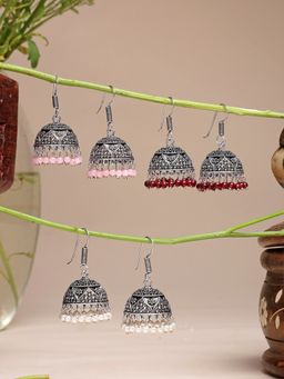 NVR - Oxidized Silver Plated Multicolor Artificial Beads Jhumka Earrings (Set of 3)
