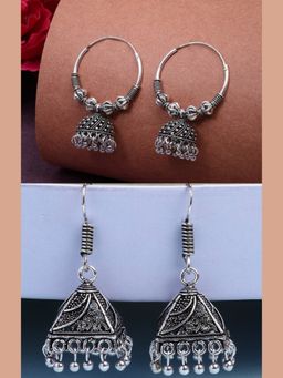 NVR - Ethnic Silver Plated Oxidized Circle Jhumka Earrings (Set of 2)