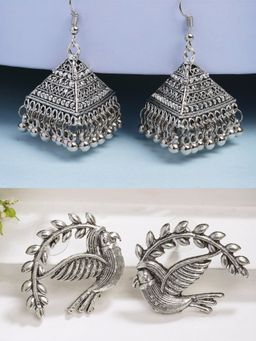 NVR - Silver Toned Oxidized Jhumka and Drop Earrings (Set of 2)