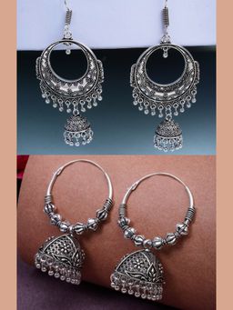 NVR - Silver Plated Oxidized Contemporary Jhumka Earrings (Set of 2)