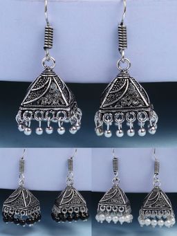 NVR - Oxidized Silver Plated Artificial Beads Jhumka Earrings (Set of 3)