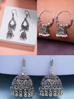 NVR - German Silver Oxidized Traditional Jhumka Earrings (Set of 3)
