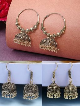 NVR - Gold Plated Oxidized Contemporary Jhumka Earrings (Set of 3)