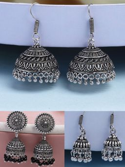 NVR - Traditional Silver Plated Oxidized Jhumka Earrings (Set of 3)