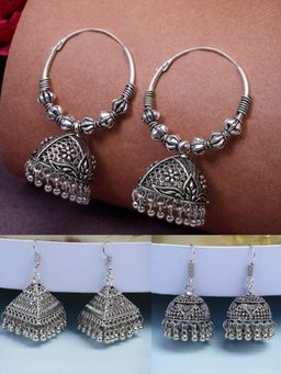 NVR - Silver Plated Oxidized Contemporary Jhumka Earrings (Set of 3)