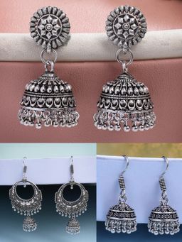 NVR - Silver Plated Oxidized Traditional Jhumka Earrings (Set of 3)