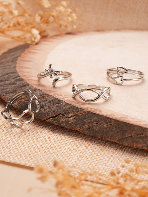 Aatmana Silver Plated Adjustable Finger Rings (Set of 4)