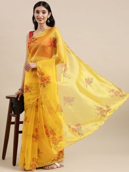 Vastranand - Yellow Organza Party Wear Saree With Stone Work Flower Butta with Unstitched Blouse