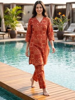 Shaily - Women Red Block Print Printed Pure Cambric Cotton Co-Ord (Set of 2)