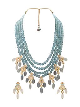 Joules By Radhika - Contemporary Enamelled Necklace Set With Blue Agate Beads Kundan & Jade Drops